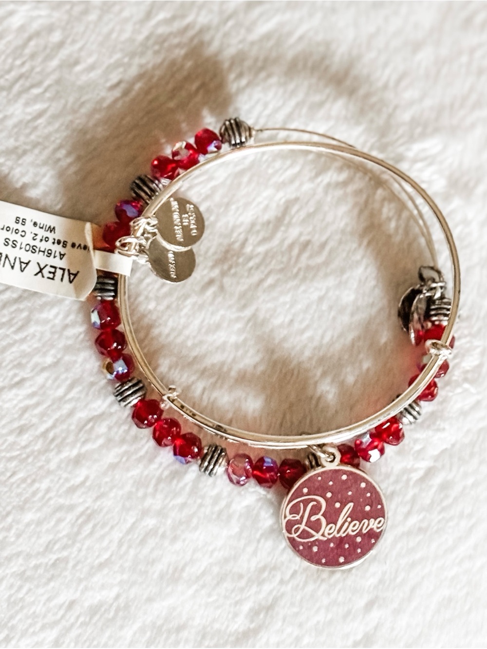 NWT! Alex and Ani Red 'Believe' Charm & Beaded Bangle Bracelet Set - Silver